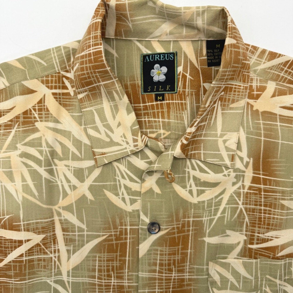 Aureus Button Down Men M Tan Silk Cotton Avila Beach Golf Resort Aloha Shirt